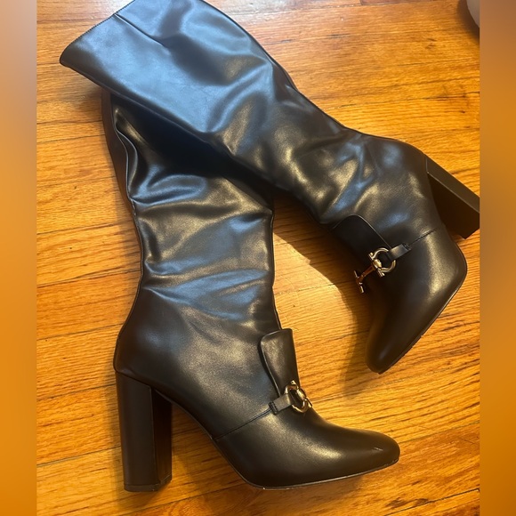 HORSEBIT BUCKLE KNEE HIGH BOOTS GOLD BUCKLE BLOCK HEEL BOOTS FAUX LEATHER VEGAN - Picture 6 of 16